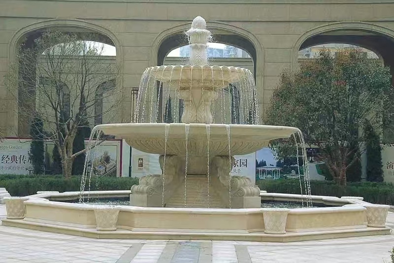 自贡 黄金麻花岗岩异型加工——户外庭院石雕流水喷泉